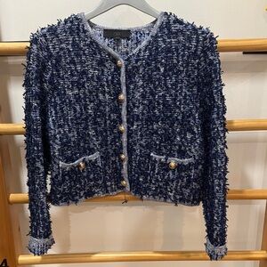 Zara Navy and White Knit Tweed Cardigan Jacket